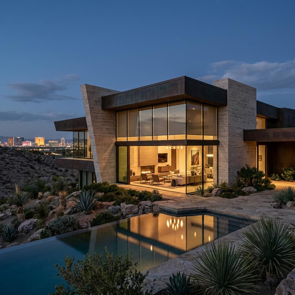Luxury desert-modern Las Vegas residence at dusk