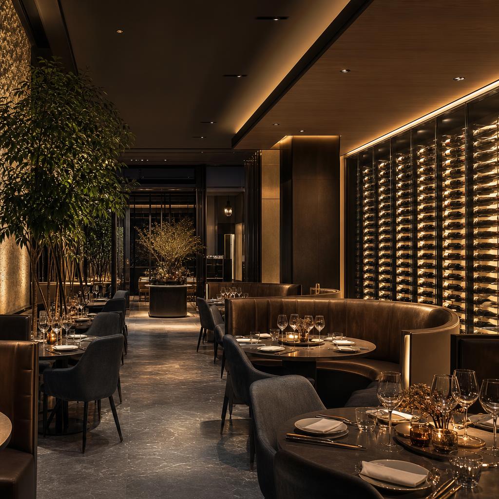 Upscale restaurant interior with warm architectural lighting